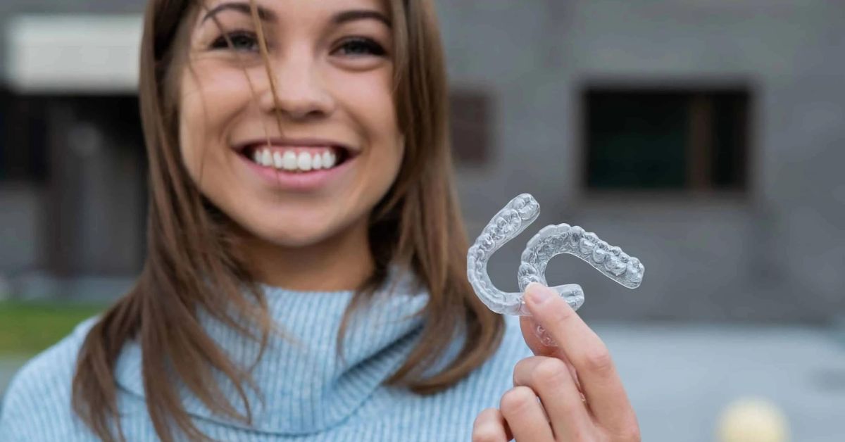 adult holds aligners as she talks about Clear aligners vs braces